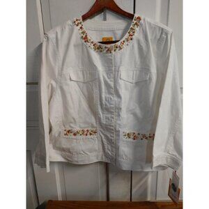 Ruby Rd. Womens Tutti Frutti Embroidered White Denim Jacket Size 18 With Snap Bu